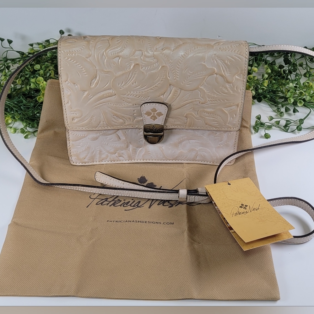 Patricia Nash Cream Embossed Floral Design Leather Crossbody Bag